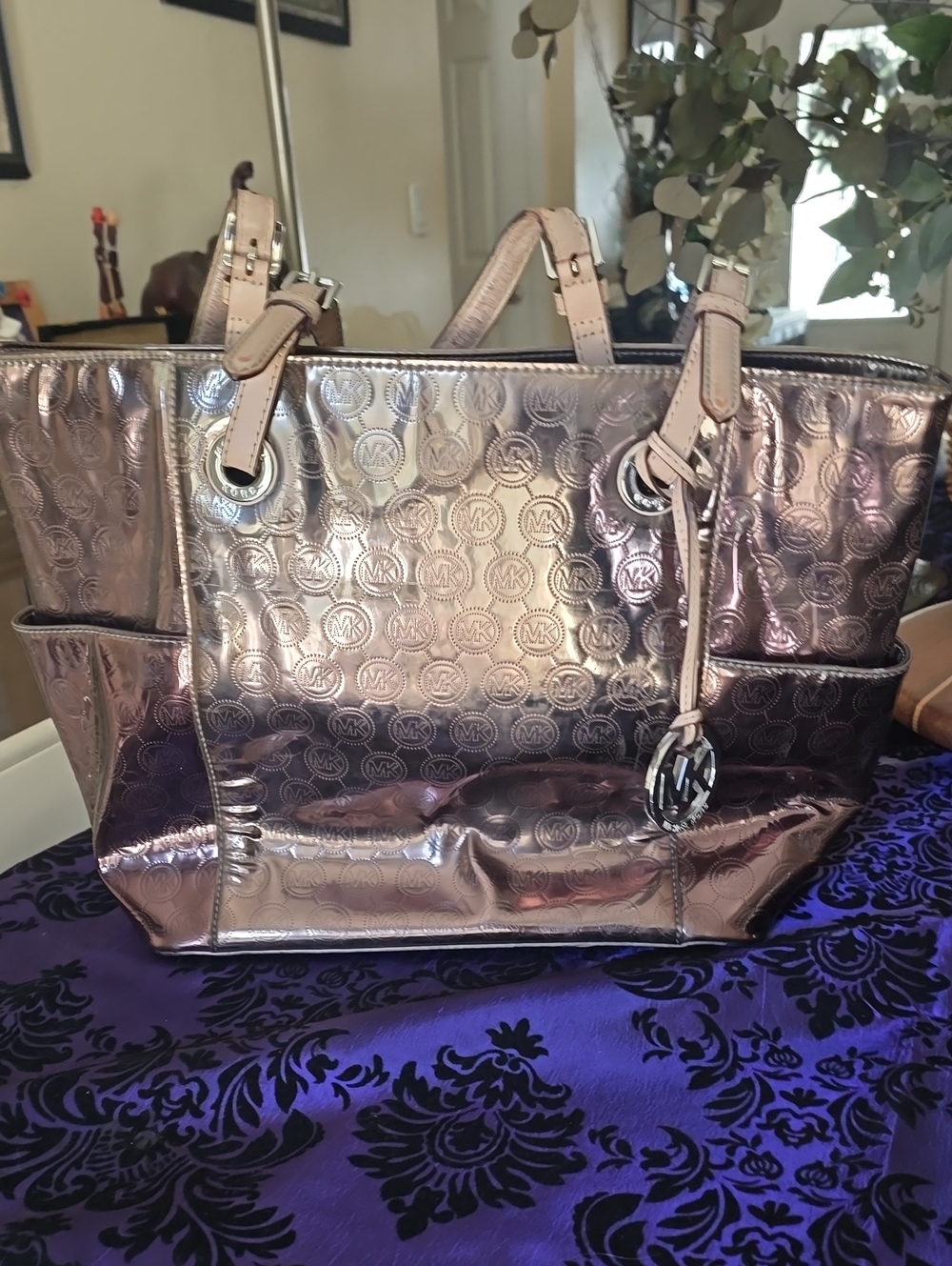 Michael Kors Metallic Pink Rose Tote with MK Logo